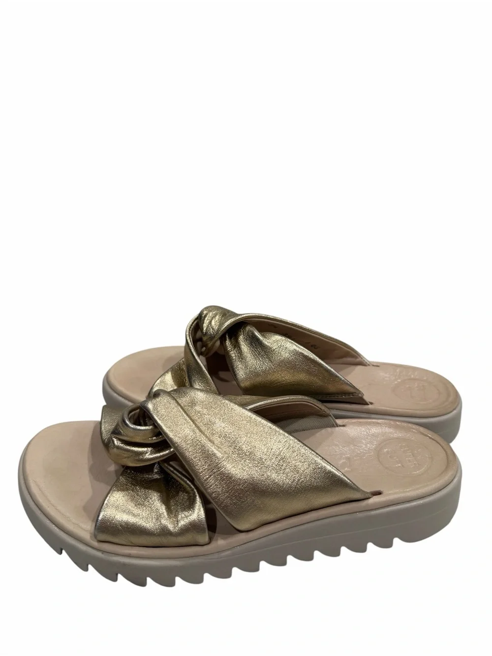 Paul Green Super Soft Metallic Gold Leather Knot Slide Sandals Women’s Size 6